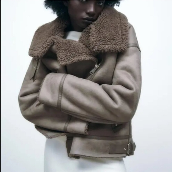 Zara Jackets & Blazers - ZARA Taupe Double Faced Faux Shearling Aviator Jacket Size Large NWT